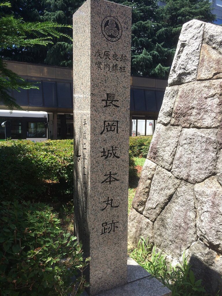 JR長岡駅前に立つ長岡城本丸跡の石碑