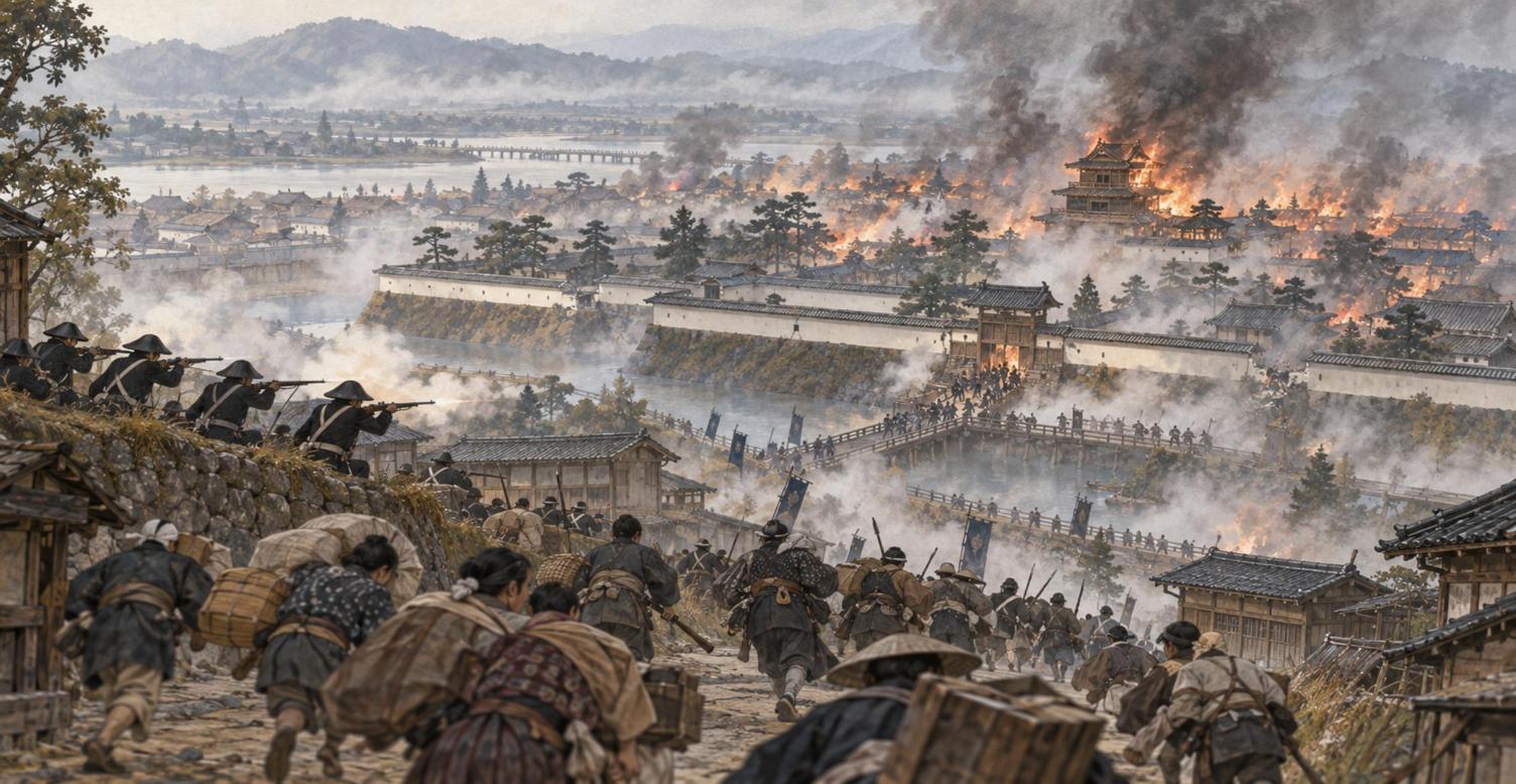 炎上する長岡城と城下、攻め込む新政府軍と逃れる町の人々
