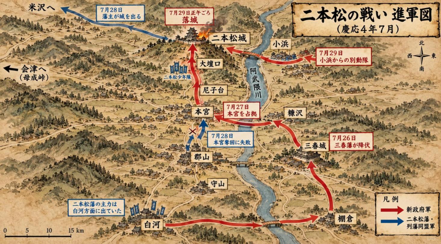二本松の戦いの進軍図。三春藩の降伏で戦線が北へ動き、7月29日に南と東の二方向から二本松城が攻められた(イラスト)
