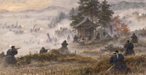 霧の如来堂で、四方から迫る新政府軍に構える新選組の隊士たち（イラスト）