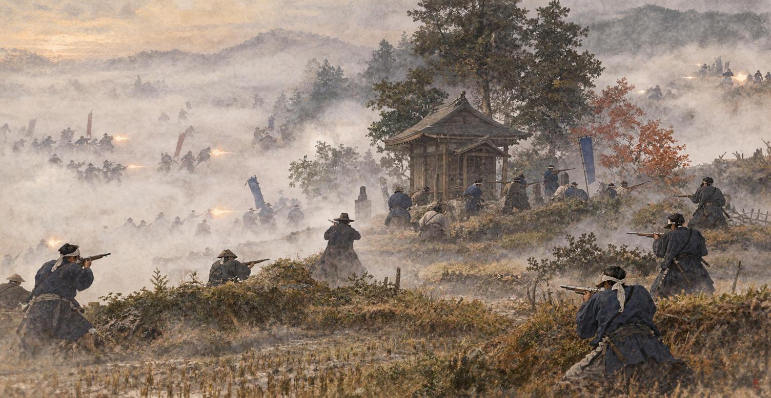 霧の如来堂で、四方から迫る新政府軍に構える新選組の隊士たち（イラスト）