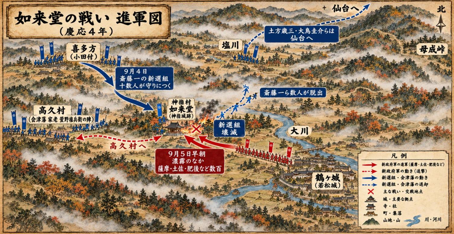 如来堂の戦いの進軍図