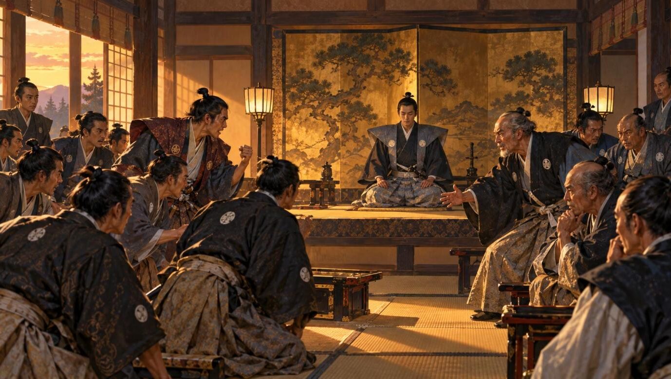 城の大広間で同盟を抜けるかどうか激しく言い争う藩士たち