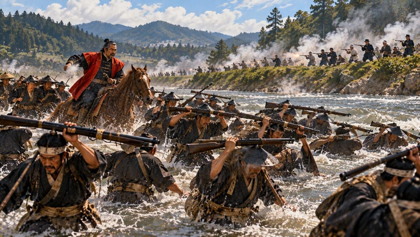 米代川を渡って退く南部の兵と馬上の家老