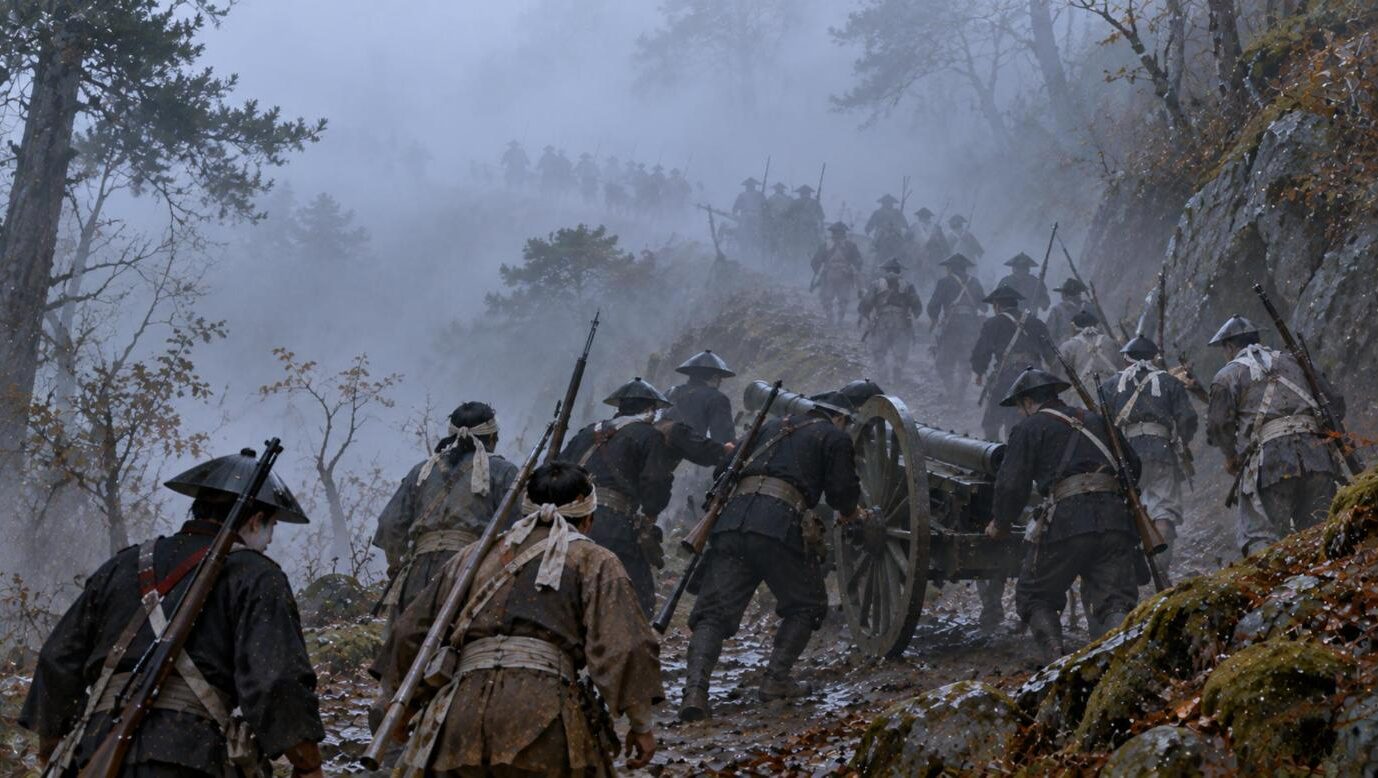 濃い霧の中、坂道を進む佐賀藩兵と秋田の兵