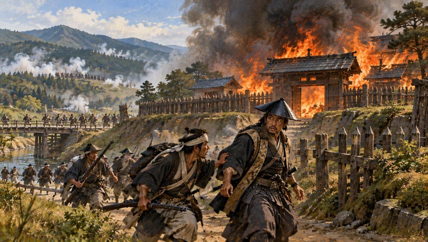 火を放った大館城を後にする城代と秋田の兵