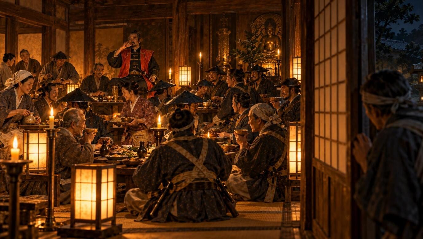 寺の広間で南部の兵を酒と料理でもてなす村人たち