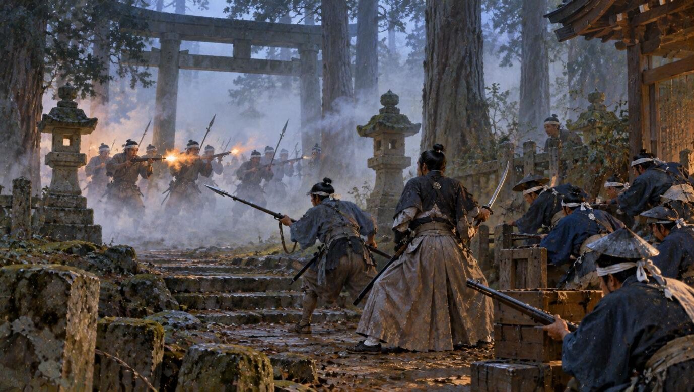 濃い霧の神社で奇襲を受け、槍と刀で立ちはだかる南部の武士