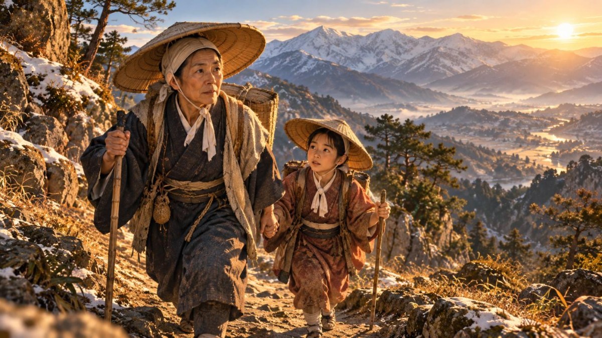 善光寺参りの旅姿で少女の手を引き、上州の山を越える武家の老婦人のイラスト