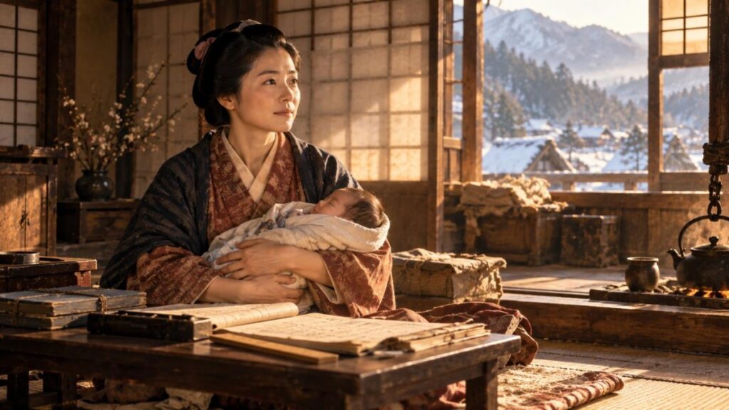 会津の山あいの避難先で、生まれたばかりの赤子を抱く武家の妻のイラスト