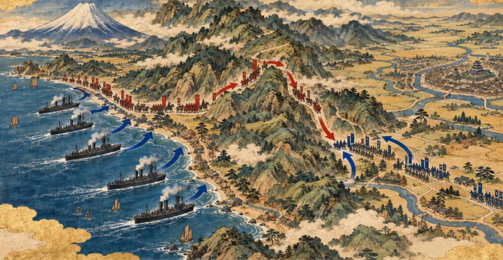 小栗の作戦のイメージ図。箱根を越える新政府軍を関東側で迎え撃ち、駿河湾の艦隊が海沿いの街道の後ろをふさぐ