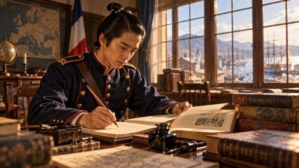 横浜のフランス語学校で、フランス式の軍服を着てフランス語の本に向かう若い武士のイラスト