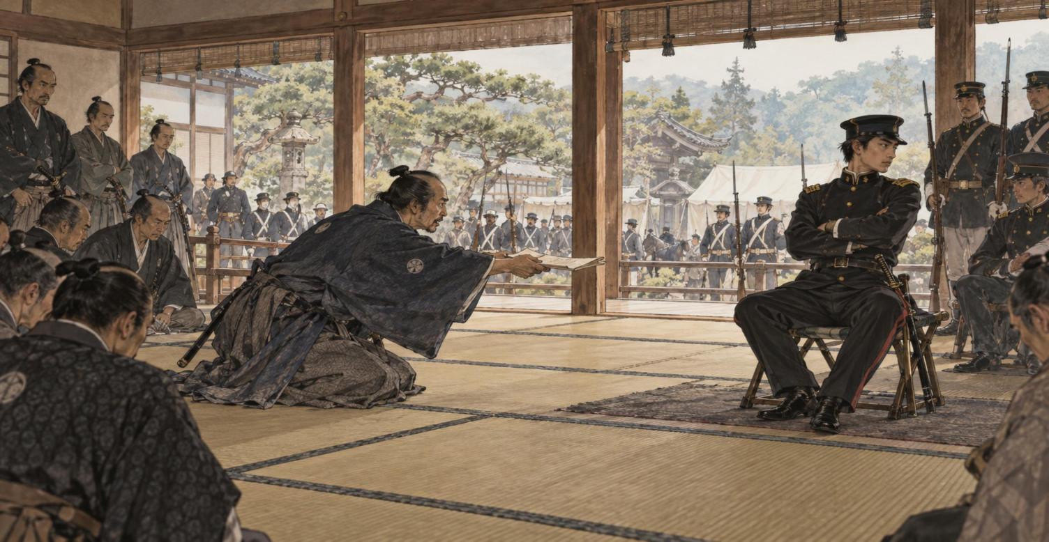 小千谷の慈眼寺で嘆願書を差し出す河井継之助と、受け取らない軍監の岩村精一郎