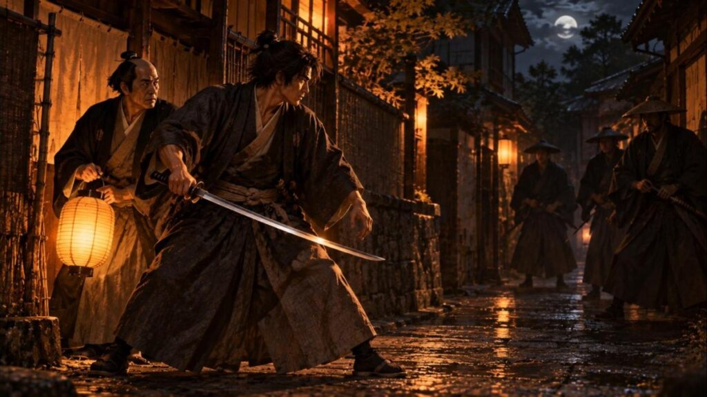 京都の夜の路地で勝海舟をかばって刺客と向き合う岡田以蔵の場面のイラスト