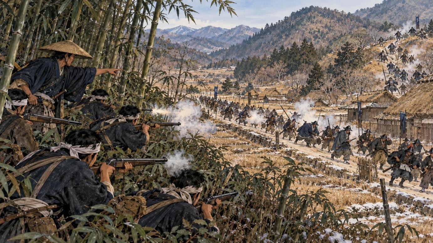 大田の戦いで竹やぶから藩政府軍を狙い撃つ奇兵隊（イラスト）