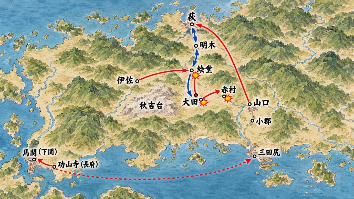 大田・絵堂の戦いの進軍図