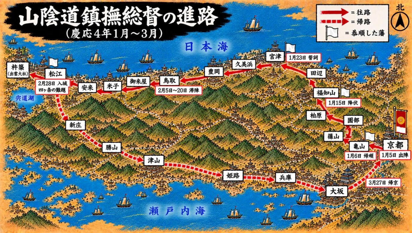 山陰道鎮撫総督の進路図