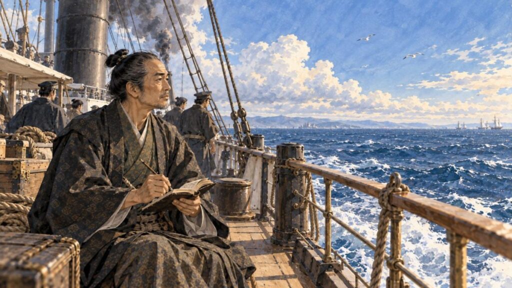 遣米使節の軍艦の甲板で日記を書く権田村の名主・佐藤藤七のイラスト