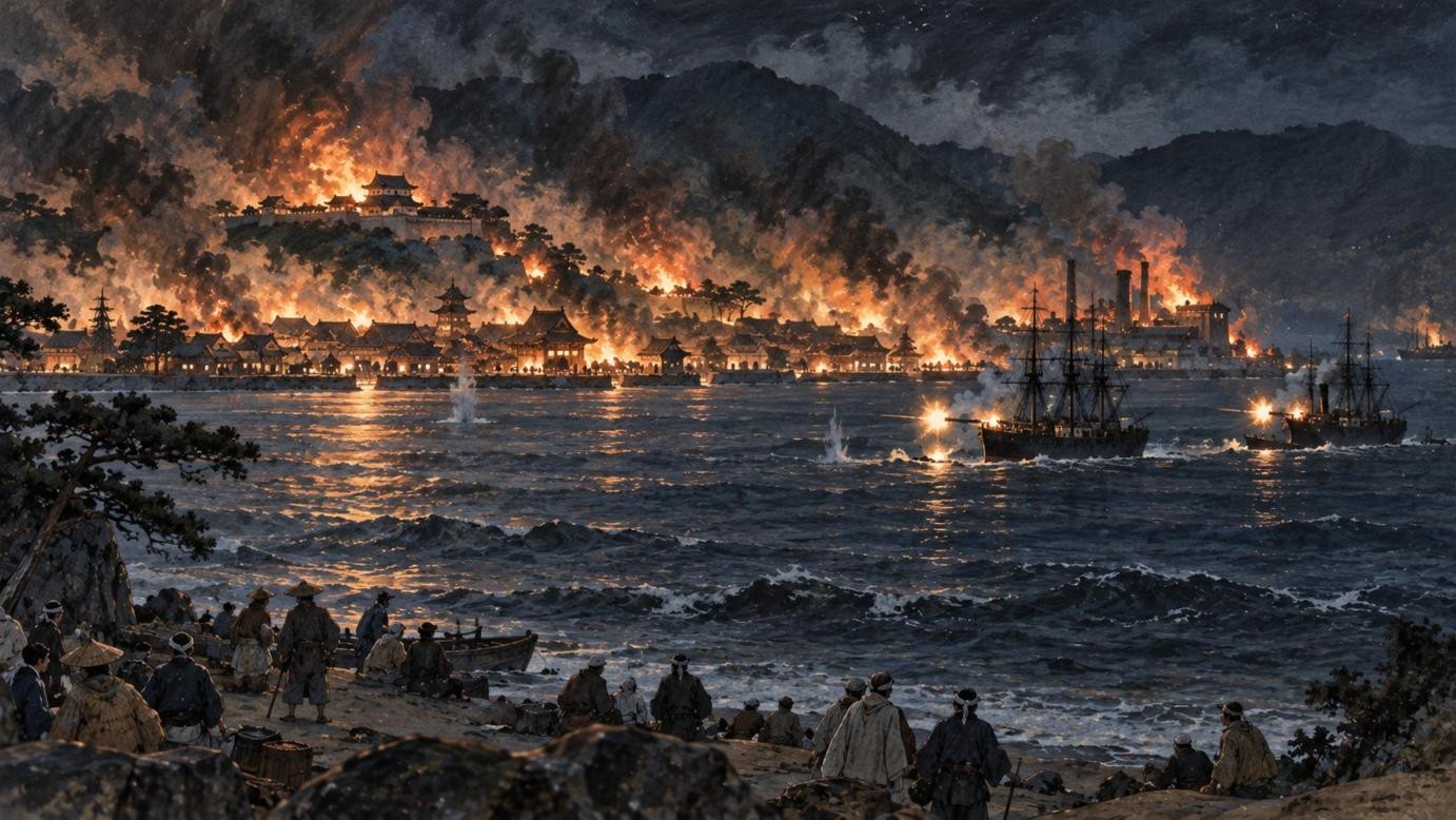 艦砲射撃で燃える鹿児島の城下と集成館を、浜から見つめる人々（イラスト）