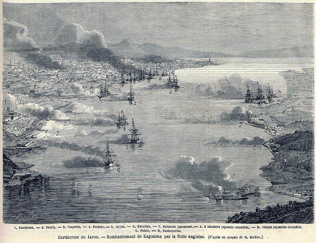 鹿児島砲撃を描いたフランスの挿絵（ル・モンド・イリュストレ 1863年）