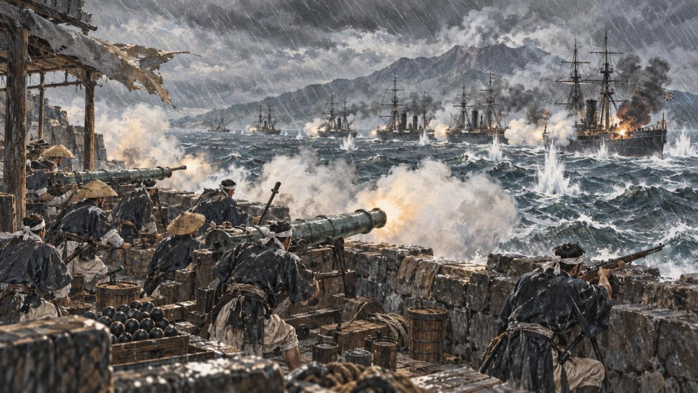 暴風雨のなか、鹿児島の台場からイギリス艦隊を砲撃する薩摩の砲兵たち（イラスト）