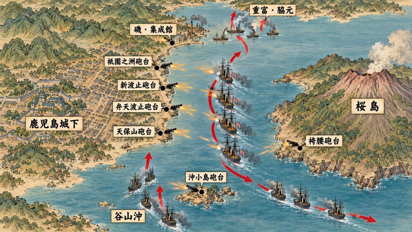 薩英戦争の戦況図。鹿児島湾の砲台の位置とイギリス艦隊の動き