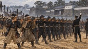 和田倉門内で幕府歩兵とともにフランス式の調練を受ける靖兵隊のイメージイラスト