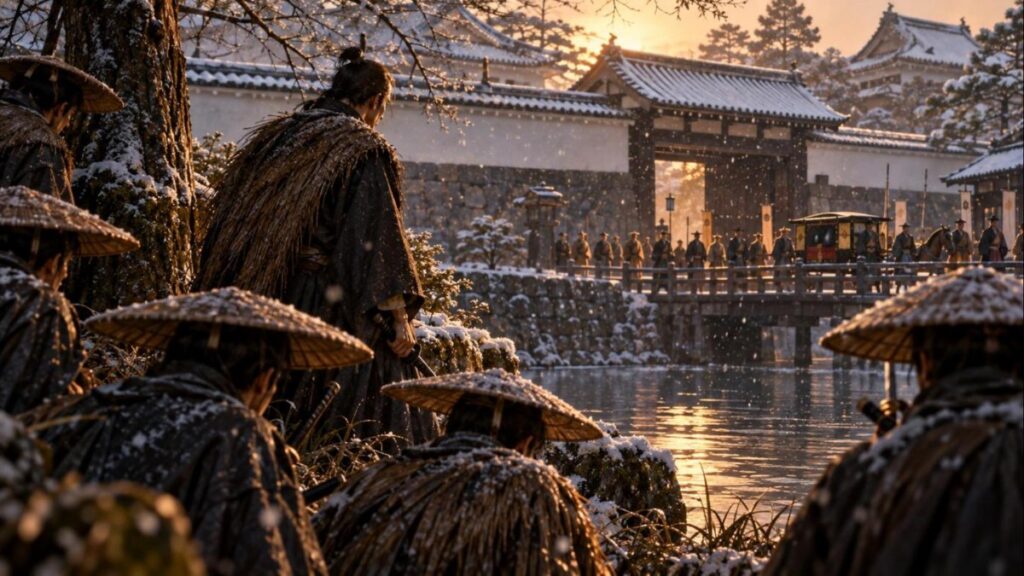 雪の桜田門外で井伊直弼の行列を待つ浪士たちと指揮役の関鉄之介の場面のイラスト