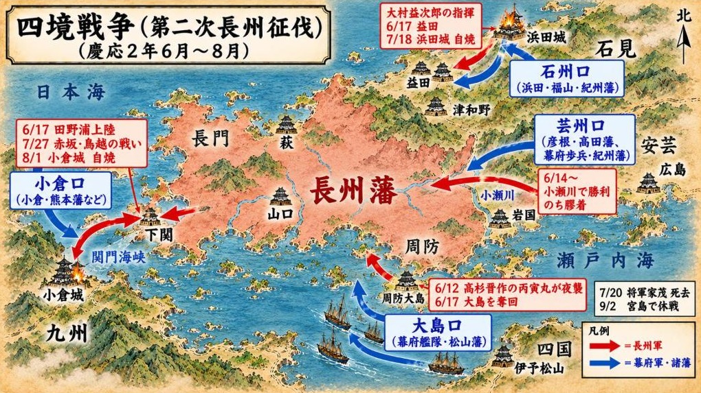 四境戦争(第二次長州征伐)の進軍図。大島口・芸州口・石州口・小倉口の4方向から攻める幕府軍を、長州軍が押し返した