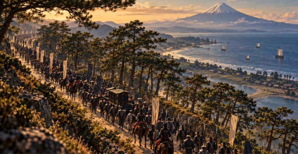 富士を望む東海道を江戸へ進む島津久光の大行列（イメージ）