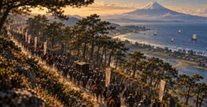 富士を望む東海道を江戸へ進む島津久光の大行列（イメージ）