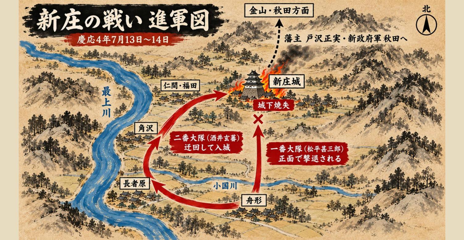 新庄の戦い 進軍図(慶応4年7月13日〜14日)。正面の一番大隊は撃退されたが、西へ迂回した二番大隊が新庄城に入った