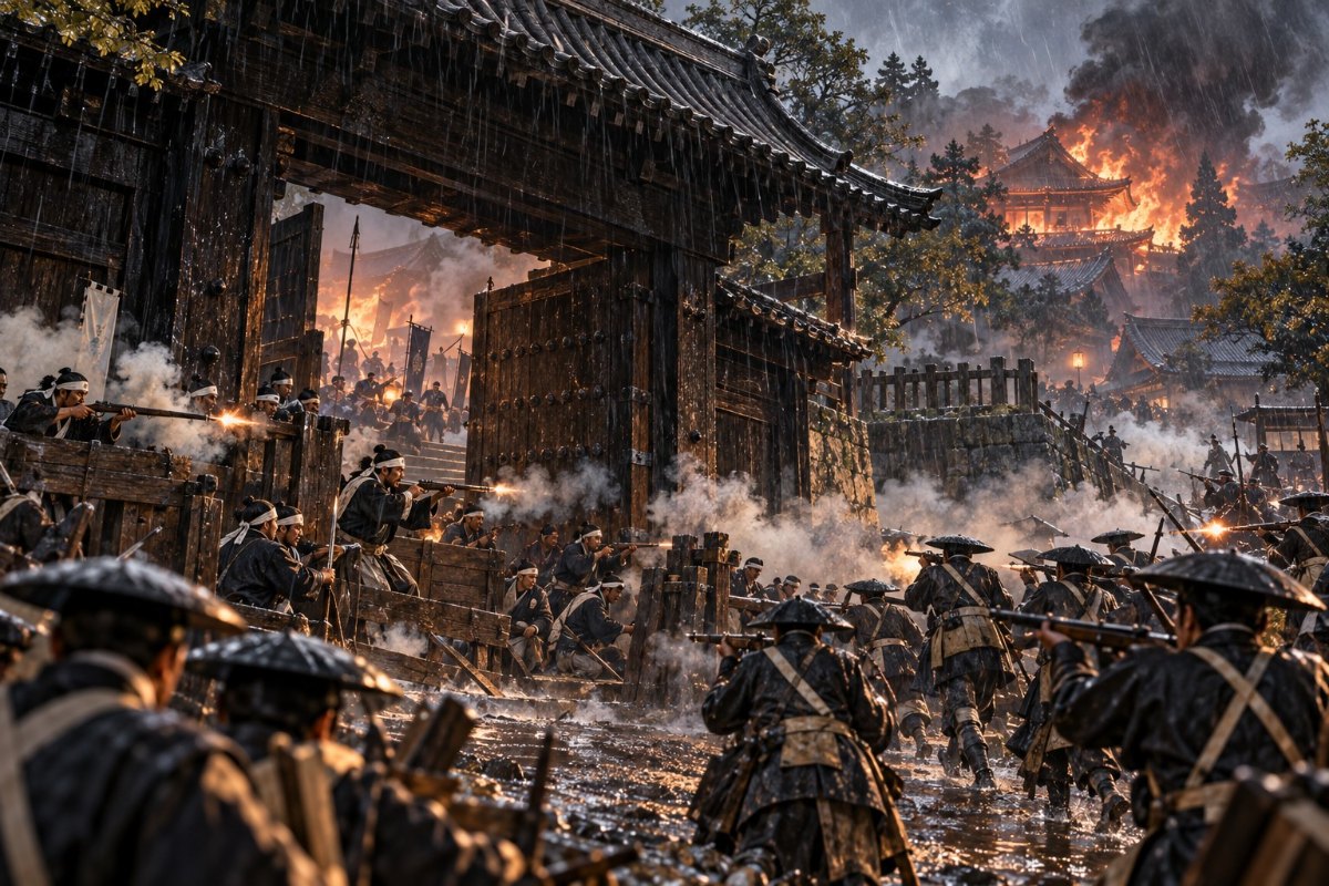 慶応4年5月15日、雨の上野・寛永寺の黒門をはさんで戦う彰義隊と新政府軍(イメージイラスト)