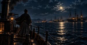 丙寅丸の甲板から周防大島沖の幕府艦隊を見すえる高杉晋作（イメージ）