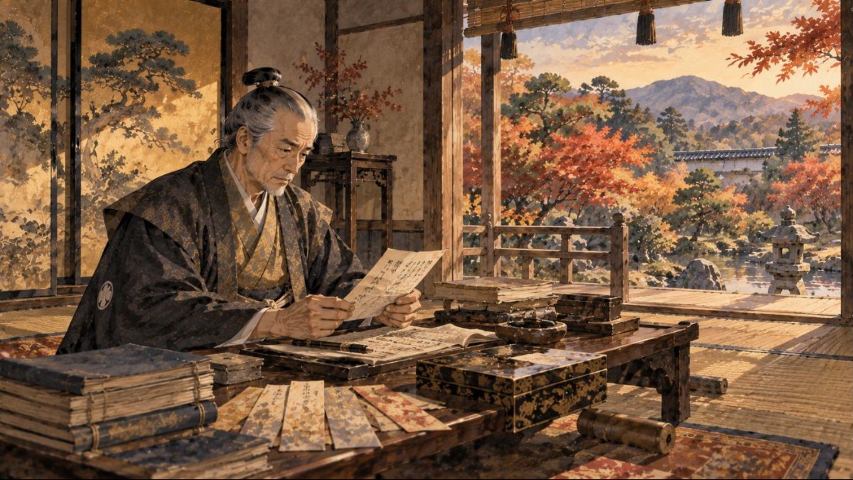 陣屋の書院で娘からの手紙を読む林田藩主・建部政醇のイラスト