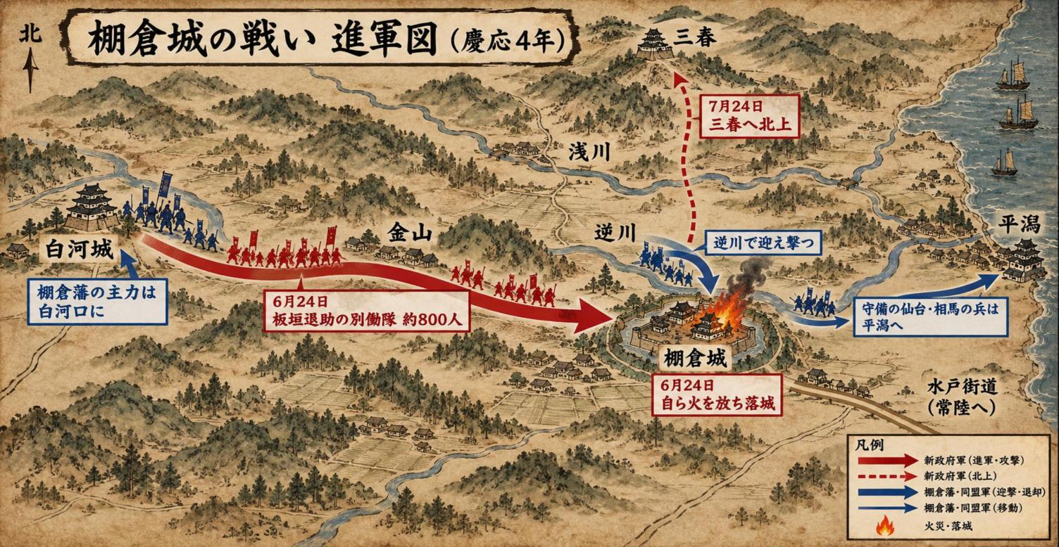 棚倉城の戦いの進軍図