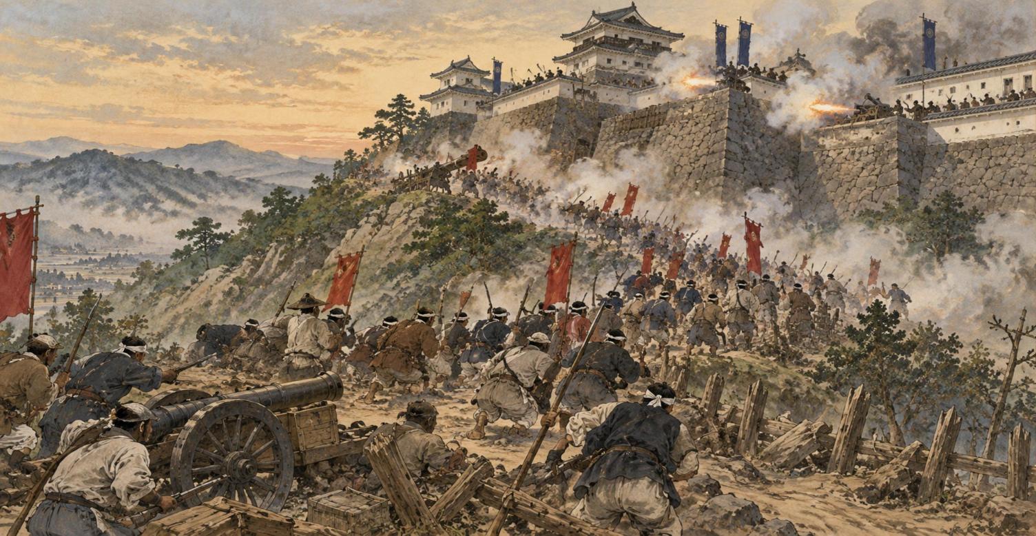 高取城を攻め上る天誅組と、石垣の上から撃ちかける高取藩兵