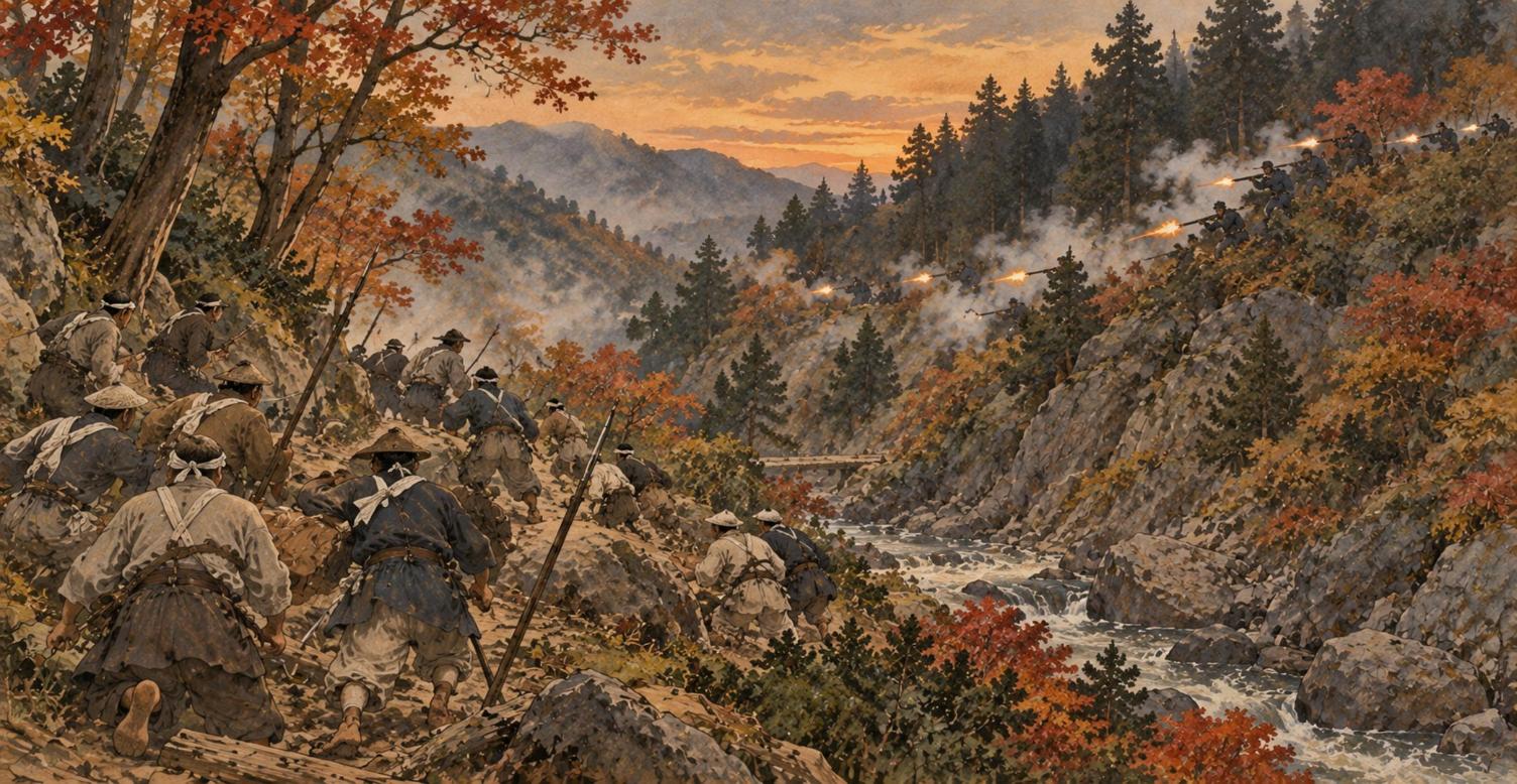 鷲家口の山道で追討軍の銃火を受ける天誅組の隊士たち