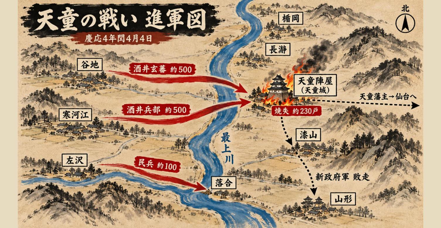 天童の戦い 進軍図(慶応4年閏4月4日)。庄内勢は谷地と寒河江から最上川を渡って天童を攻め、左沢の民兵は川を下って落合を落とした