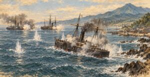 寺泊沖で砲撃を受けて浜へ向かう順動丸と、沖から撃つ新政府軍の軍艦（イラスト）