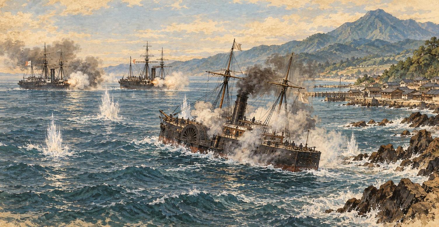 寺泊沖で砲撃を受けて浜へ向かう順動丸と、沖から撃つ新政府軍の軍艦（イラスト）