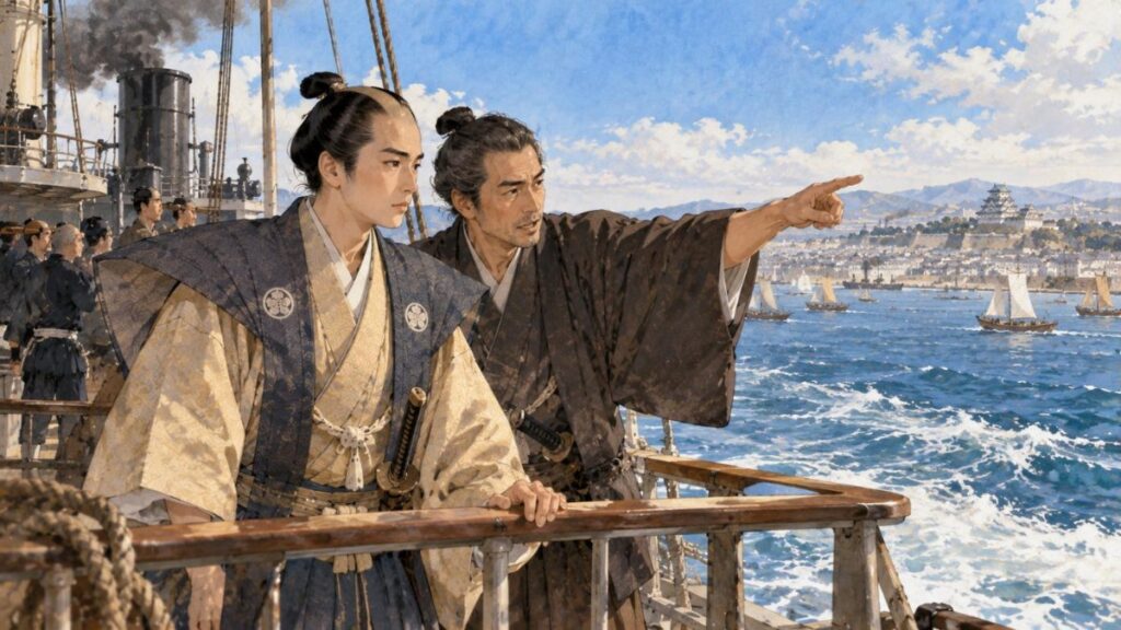 蒸気船の甲板から大坂湾を見渡す十四代将軍・徳川家茂のイラスト