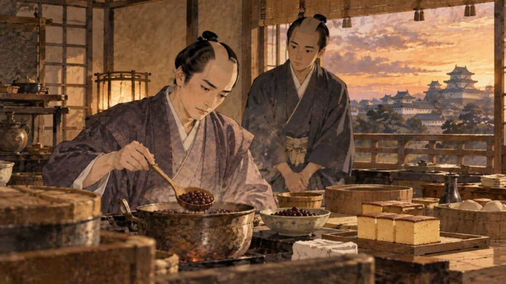 江戸城の一室で自ら菓子を作る十三代将軍・徳川家定のイラスト