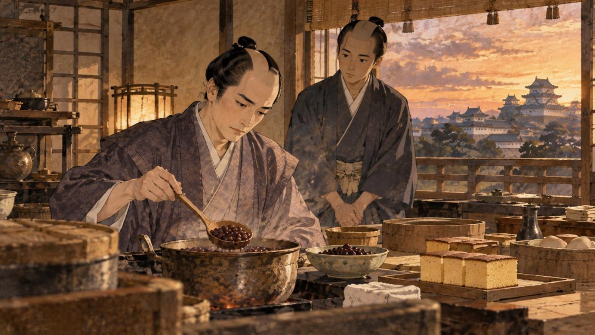 江戸城の一室で自ら菓子を作る十三代将軍・徳川家定のイラスト