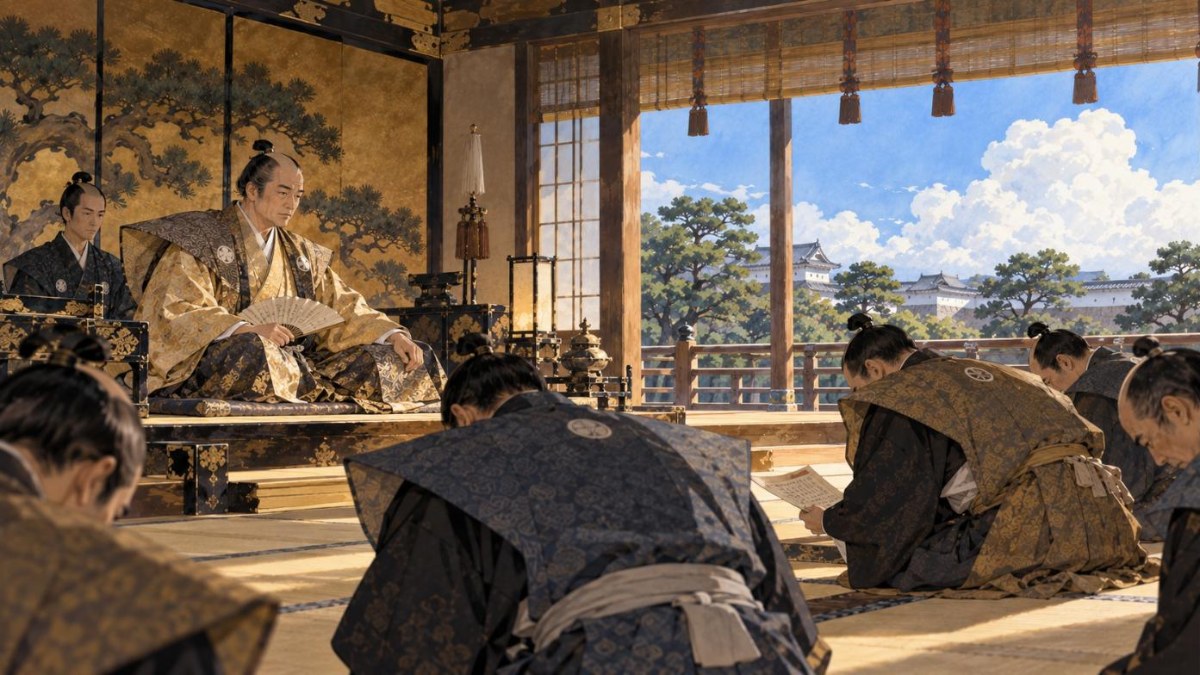 江戸城の大広間で老中たちの報告を聞く十二代将軍・徳川家慶のイラスト