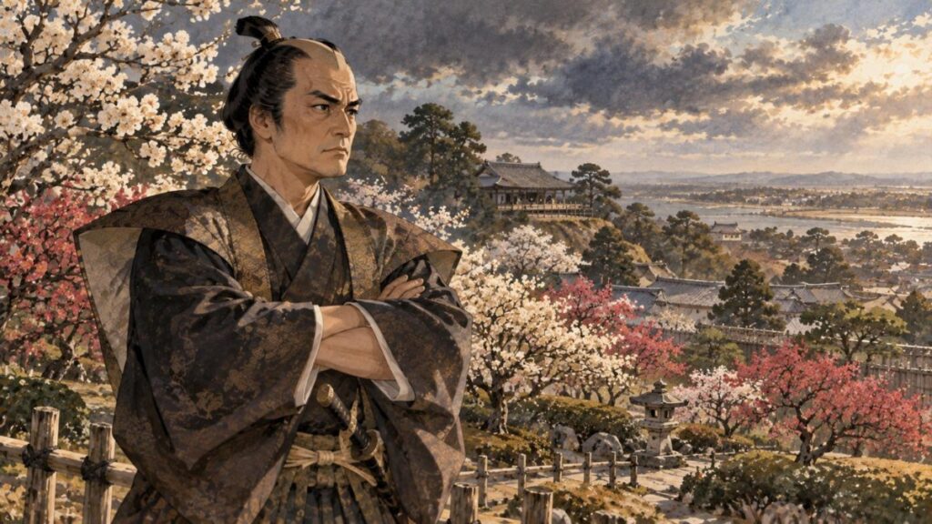 梅の咲く偕楽園を背に立つ水戸藩主・徳川斉昭のイラスト