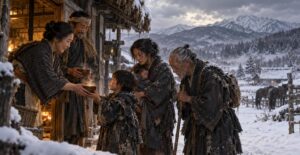 雪深い南部の寒村で、地元の農民の家族が会津から移ってきた家族に温かい椀を手渡す場面のイラスト
