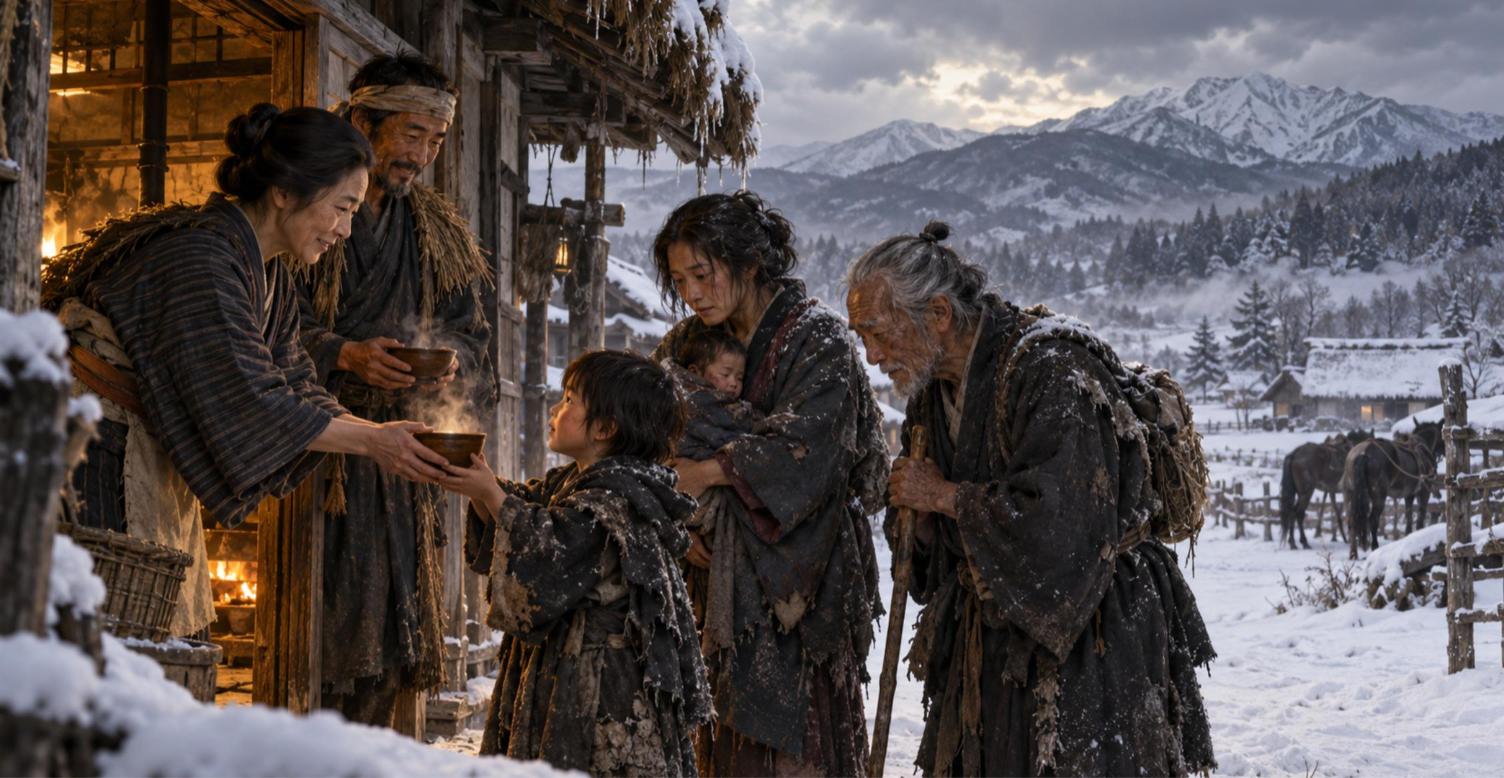 雪深い南部の寒村で、地元の農民の家族が会津から移ってきた家族に温かい椀を手渡す場面のイラスト