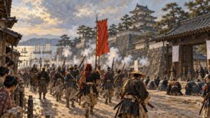 錦の御旗を先頭に高松城へ入る土佐藩兵と、膝をついて迎える高松藩の家老たち（イラスト）