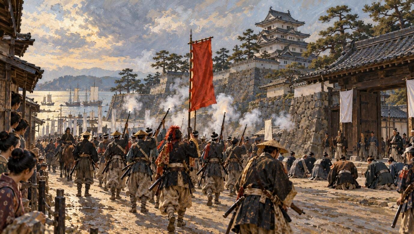 錦の御旗を先頭に高松城へ入る土佐藩兵と、膝をついて迎える高松藩の家老たち（イラスト）